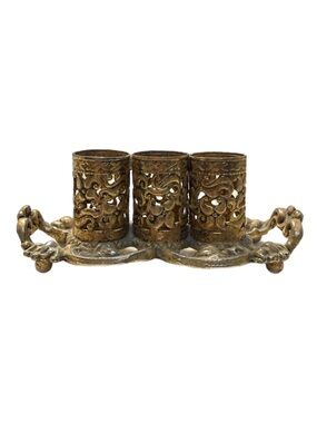 Vtg Ornate Brass/Gold-Toned Triple Lipstick Holder Carrier